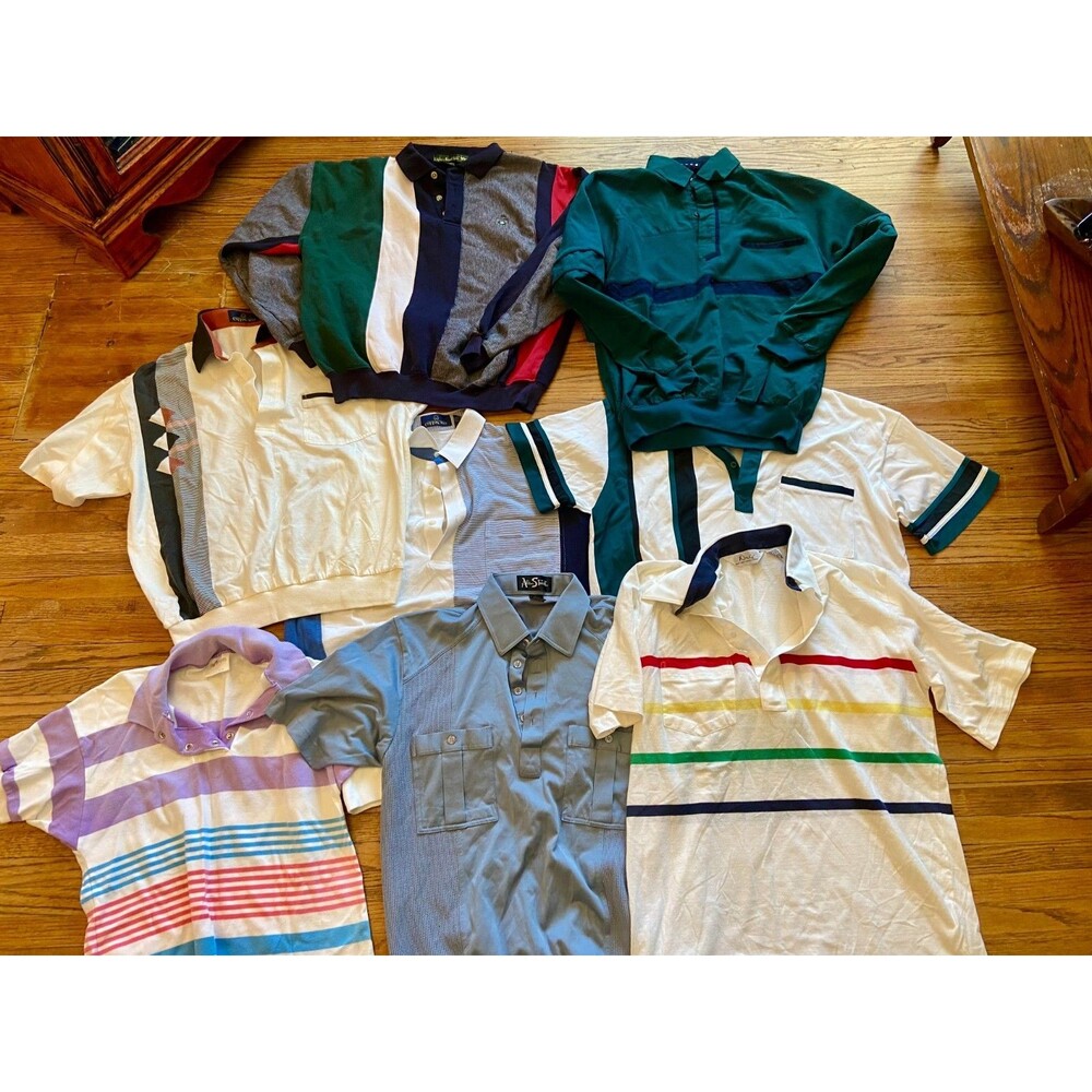 (8) VTG Boulevard Club Polo men Med striped colorblock rugby long sleeve Texture